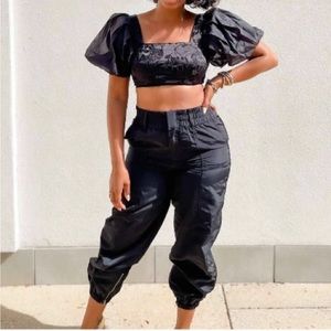 New Future Collective Kahlana Barfield Brown cropped puff sleeve top in Black